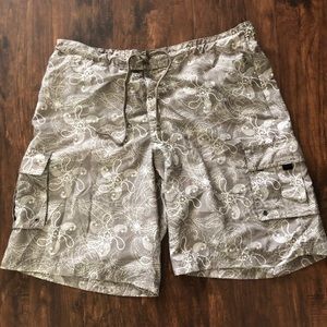Red camel paislee print swim trunks